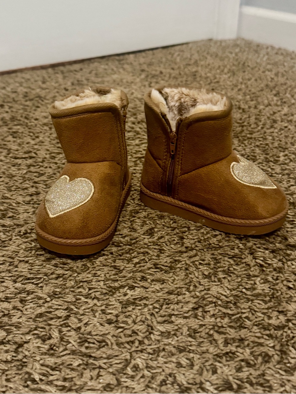 Kids Tan Faux-Suede Heart Booties